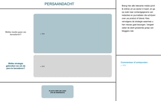 Commentaar of actiepunten:
• ???
PLAATS HIER UW LOGO
(VIA DE BASISDIA’S)
PERSAANDACHT Breng hier alle relevante media (print
& online) uit uw sector in kaart, en ga
op zoek naar contactgegevens van
redacties en journalisten die schrijven
over uw product of dienst. Kies
vervolgens de strategie waarmee u
hen nieuws gaat bezorgen. Vergeet
zeker de sterk groeiende groep van
bloggers niet.
Welke media gaan we
benaderen?
Welke strategie
gebruiken we om de
pers te benaderen?
• ???
• ???
 