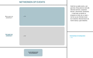 Commentaar of actiepunten:
• ???
PLAATS HIER UW LOGO
(VIA DE BASISDIA’S)
NETWERKEN OP EVENTS
Waar gaan we
netwerken?
Vertel hier op welke events u aan
gaat doen. Breng daarvoor eerst alle
relevante seminars, congressen,
beurzen, cultuurevents, sportevents,
… in kaart waar uw klanten en
prospects te vinden zijn, en waar u
met hen op een informele manier
kunt netwerken. Beschrijf daarna de
manier waarop u gaat netwerken.
Hoe gaan we
netwerken?
• ???
• ???
 