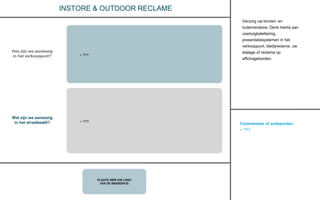 Commentaar of actiepunten:
• ???
PLAATS HIER UW LOGO
(VIA DE BASISDIA’S)
INSTORE & OUTDOOR RECLAME
Verzorg uw binnen- en
buitenreclame. Denk hierbij aan
voertuigbelettering,
presentatiesystemen in het
verkooppunt, kledijreclame, uw
etalage of reclame op
affichageborden.
• ???
Hoe zijn we aanwezig
in het verkooppunt?
Wat zijn we aanwezig
in het straatbeeld? • ???
 