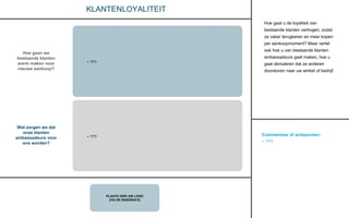 Commentaar of actiepunten:
• ???
PLAATS HIER UW LOGO
(VIA DE BASISDIA’S)
KLANTENLOYALITEIT
• ???
Hoe gaan we
bestaande klanten
warm maken voor
nieuwe aankoop?
Wat zorgen we dat
onze klanten
ambassadeurs voor
ons worden?
• ???
Hoe gaat u de loyaliteit van
bestaande klanten verhogen, zodat
ze vaker terugkeren en meer kopen
per aankoopmoment? Maar vertel
ook hoe u van bestaande klanten
ambassadeurs gaat maken, hoe u
gaat stimuleren dat ze anderen
doorsturen naar uw winkel of bedrijf.
 