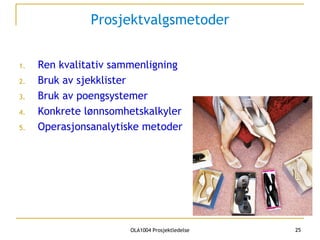 Prosjektvalgsmetoder Ren kvalitativ sammenligning Bruk av sjekklister Bruk av poengsystemer Konkrete lønnsomhetskalkyler Operasjonsanalytiske metoder 