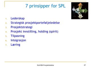 7 prinsipper for SPL Lederskap Strategisk prosjektporteføljeledelse Prosjektstrategi Prosjekt innstilling, holding (spirit) Tilpasning Integrasjon Læring 