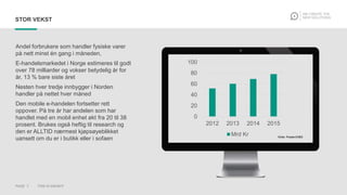 PAGE 7 THIS IS KNOWIT
STOR VEKST
Andel forbrukere som handler fysiske varer
på nett minst én gang i måneden,
E-handelsmarkedet i Norge estimeres til godt
over 78 milliarder og vokser betydelig år for
år, 13 % bare siste året
Nesten hver tredje innbygger i Norden
handler på nettet hver måned
Den mobile e-handelen fortsetter rett
oppover. På tre år har andelen som har
handlet med en mobil enhet økt fra 20 til 38
prosent. Brukes også heftig til research og
den er ALLTID nærmest kjøpsøyeblikket
uansett om du er i butikk eller i sofaen Kilde: Posten/DIBS
0
20
40
60
80
100
2012 2013 2014 2015
Mrd Kr
 