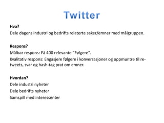 Hva?
Dele dagens industri og bedrifts relaterte saker/emner med målgruppen.

Respons?
Målbar respons: Få 400 relevante ”Følgere”.
Kvalitativ respons: Engasjere følgere i konversasjoner og oppmuntre til re-
tweets, svar og hash-tag prat om emner.

Hvordan?
Dele industri nyheter
Dele bedrifts nyheter
Samspill med interessenter
 