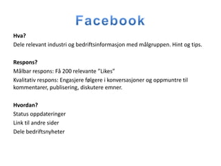 Hva?
Dele relevant industri og bedriftsinformasjon med målgruppen. Hint og tips.

Respons?
Målbar respons: Få 200 relevante ”Likes”
Kvalitativ respons: Engasjere følgere i konversasjoner og oppmuntre til
kommentarer, publisering, diskutere emner.

Hvordan?
Status oppdateringer
Link til andre sider
Dele bedriftsnyheter
 