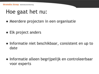 Hoe gaat het nu:
● Meerdere projecten in een organisatie
● Elk project anders

● Informatie niet beschikbaar, consistent en up to
date
● Informatie alleen begrijpelijk en controleerbaar
voor experts

 