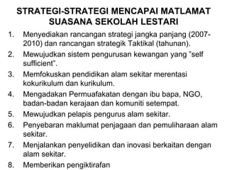 STRATEGI-STRATEGI MENCAPAI MATLAMAT SUASANA SEKOLAH LESTARI<br />Menyediakan rancangan strategi jangka panjang (2007-2010)...