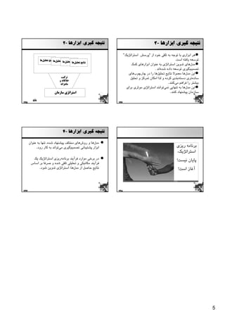 ‫ﻧﺘﻴﺠﻪ ﮔﻴﺮي: اﺑﺰارﻫﺎ -2‬                               ‫ﻧﺘﻴﺠﻪ ﮔﻴﺮي: اﺑﺰارﻫﺎ -3‬

                                                                ‫ﻫﺮ اﺑﺰاري ﺑﺎ ﺗﻮﺟﻪ ﺑﻪ ﺗﻠﻘﻲ ﺧﻮد از “ﭘﺮﺳﺶ اﺳﺘﺮاﺗﮋﻳﻚ”‬
             ‫ﻧﺘﺎﻳﺞ ﺗﺤﻠﻴﻞ ﻧﺘﺎﻳﺞ ﺗﺤﻠﻴﻞﻫﺎ‬
                         ‫ﻫﺎ‬                                                                           ‫ﺗﻮﺳﻌﻪ ﻳﺎﻓﺘﻪ اﺳﺖ.‬
                                 ‫ﻧﺘﺎﻳﺞ ﺗﺤﻠﻴﻞﻫﺎ‬
                                         ‫ﻧﺘﺎﻳﺞ ﺗﺤﻠﻴﻞﻫﺎ‬
                                                                     ‫ﻣﺪلﻫﺎي ﺗﺪوﻳﻦ اﺳﺘﺮاﺗﮋي ﺑﻪ ﻋﻨﻮان اﺑﺰارﻫﺎي ﻛﻤﻚ‬
                                                                                     ‫ﺗﺼﻤﻴﻢﮔﻴﺮي ﺗﻮﺳﻌﻪ داده ﺷﺪهاﻧﺪ .‬
                                                                   ‫اﻳﻦ ﻣﺪلﻫﺎ ﻣﻌﻤﻮﻻ ﻧﺘﺎﻳﺞ ﺗﺤﻠﻴﻞﻫﺎ را در ﭼﺎرﭼﻮبﻫﺎي‬
                               ‫ﺗﺮﻛﻴﺐ‬                                ‫ﺳﺎدهﺗﺮي دﺳﺘﻪﺑﻨﺪي ﻛﺮده و ﻟﺬا اﻣﻜﺎن ﺗﻤﺮﻛﺰ و ﺗﺤﻠﻴﻞ‬
                              ‫ﺧﻼﻗﺎﻧﻪ و‬
                               ‫ﻣﺎﻫﺮاﻧﻪ‬                                                          ‫ﺑﻴﺸﺘﺮ را ﻓﺮاﻫﻢ ﻣﻲﻛﻨﻨﺪ.‬
                                                                  ‫اﻳﻦ ﻣﺪلﻫﺎ ﺑﻪ ﺗﻨﻬﺎﻳﻲ ﻧﻤﻲﺗﻮاﻧﻨﺪ اﺳﺘﺮاﺗﮋي ﻣﻮﺛﺮي ﺑﺮاي‬
                          ‫اﺳﺘﺮاﺗﮋي ﺳﺎزﻣﺎن‬                                                         ‫ﺳﺎزﻣﺎن ﭘﻴﺸﻨﻬﺎد ﻛﻨﻨﺪ.‬

‫521‬                                                       ‫621‬




                                 ‫ﻧﺘﻴﺠﻪ ﮔﻴﺮي: اﺑﺰارﻫﺎ -4‬

      ‫ﻣﺪلﻫﺎ و روشﻫﺎي ﻣﺨﺘﻠﻒ ﭘﻴﺸﻨﻬﺎد ﺷﺪه، ﺗﻨﻬﺎ ﺑﻪ ﻋﻨﻮان‬
           ‫اﺑﺰار ﭘﺸﺘﻴﺒﺎﻧﻲ ﺗﺼﻤﻴﻢﮔﻴﺮي ﻣﻲﺗﻮاﻧﺪ ﺑﻪ ﻛﺎر رود.‬                                               ‫ﺑﺮﻧﺎﻣﻪ رﻳﺰي‬
                                                                                                      ‫اﺳﺘﺮاﺗﮋﻳﻚ،‬
        ‫در ﺑﺮﺧﻲ ﻣﻮارد ﻓﺮآﻳﻨﺪ ﺑﺮﻧﺎﻣﻪرﻳﺰي اﺳﺘﺮاﺗﮋﻳﻚ ﻳﻚ‬                                                  ‫ﭘﺎﻳﺎن ﻧﻴﺴﺖ!‬
       ‫ﻓﺮآﻳﻨﺪ ﻣﻜﺎﻧﻴﻜﻲ و ﺗﺤﻠﻴﻠﻲ ﺗﻠﻘﻲ ﺷﺪه و ﺻﺮﻓﺎ ﺑﺮ اﺳﺎس‬
            ‫ﻧﺘﺎﻳﺞ ﺣﺎﺻﻞ از ﻣﺪلﻫﺎ، اﺳﺘﺮاﺗﮋي ﺗﺪوﻳﻦ ﺷﻮد.‬                                                   ‫آﻏﺎز اﺳﺖ!‬



‫721‬                                                       ‫821‬




                                                                                                                         ‫5‬
 