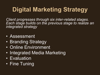 Digital Marketing Strategy
Client progresses through six inter-related stages.
Each stage builds on the previous stage to realize an
integrated strategy

•   Assessment
•   Branding Strategy
•   Online Environment
•   Integrated Media Marketing
•   Evaluation
•   Fine Tuning
 