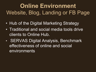 Online Environment
Website, Blog, Landing or FB Page
• Hub of the Digital Marketing Strategy
• Traditional and social media tools drive
  clients to Online Hub.
• SERVAS Digital Analysis, Benchmark
  effectiveness of online and social
  environments
 