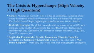 The Crisis & Hyperchange (High Velocity
/ High Quantum)
• Nature: “Change as Survival.” This is often an unplanned, existential event
where the system’s stability is compromised. It is non-linear and emergent.
The Perfect Storm! Rapid, high-impact transformations. Vortex. Shocks!
• Real-Life Example: The global overnight shift to remote work in 2020, or a
company facing sudden obsolescence due to a "Black Swan" technological
breakthrough (e.g., Generative AI's impact on content industries). E.g., Tesla,
OpenAI ecosystem, etc.
• Applicable Frameworks: Cynefin Framework (Chaotic/Complex
domains) and Complexity Leadership Theory. The focus here is “Act-
Sense-Respond”—stabilizing the system first, then managing the emergence.
 