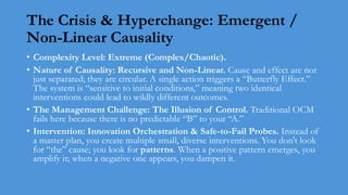 The Crisis & Hyperchange: Emergent /
Non-Linear Causality
• Complexity Level: Extreme (Complex/Chaotic).
• Nature of Causality: Recursive and Non-Linear. Cause and effect are not
just separated; they are circular. A single action triggers a “Butterfly Effect.”
The system is “sensitive to initial conditions,” meaning two identical
interventions could lead to wildly different outcomes.
• The Management Challenge: The Illusion of Control. Traditional OCM
fails here because there is no predictable “B” to your “A.”
• Intervention: Innovation Orchestration & Safe-to-Fail Probes. Instead of
a master plan, you create multiple small, diverse interventions. You don't look
for “the” cause; you look for patterns. When a positive pattern emerges, you
amplify it; when a negative one appears, you dampen it.
 
