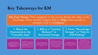 Key Takeaways for KM
The Core Thesis: "The complexity of the system dictates the utility of the
knowledge. When causality is linear, KM is a Map; when causality is
emergent, KM is a Compass."
1. Match the
Framework to the
"Causality Gap"
The greatest risk in KM is
Methodological Mismatch. KM
professionals often try to use "Best
Practice" repositories (which work for
Evolutionary Change) to solve
Hyperchange problems.
The Takeaway: You cannot manage
a Crisis with a manual. KM must
distinguish between Standardization
(for linear, adjacent causality) and
Pattern Recognition (for non-linear,
emergent causality). Successful KM
adapts its tools based on the velocity
and quantum of the change at hand.
2. KM as a "Latency
Reducer" in
Structural Change
In Structural Transformations,
causality is decoupled by time and
space (the "Lag Trap"). The role of
KM here isn't just to store data, but to
bridge that gap.
The Takeaway: KM must create
"Leading Indicators" and feedback
loops that connect distal effects back
to their original causes. By making the
"lagged" effects of long-term strategies
visible sooner, KM prevents
leadership from prematurely
abandoning successful high-quantum
shifts.
3. From "Knowledge
Storage" to "Safe-to-
Fail Probing"
In the Hyperchange/Crisis
quadrant, "known" knowledge is often
obsolete. The system is sensitive to
initial conditions, and cause-and-effect
are recursive.
The Takeaway: In complex
environments, the most valuable
"knowledge" is the result of real-time
experimentation. KM professionals
should shift from being "Archivists of
the Past" to "Orchestrators of
Probes." Your goal is to capture the
results of "safe-to-fail" experiments
rapidly so the organization can amplify
what works and dampen what doesn't
before the system hits a tipping point.
 