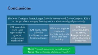 Conclusions
The New Change is Faster, Larger, More Interconnected, More Complex. KM is
no longer about managing knowledge — it is about enabling adaptive capacity.
KM must shift
from static
repositories to
dynamic
sensemaking
mechanisms
KM must enable
collective
intelligence across
distributed teams
KM must support
continuous
learning loops, and
not a one-time
training.
KM must
understand how
to sense,
interpret, and act
before choosing a
framework.
Then: “You can’t manage what you can’t measure”.
Now: “ You can’t manage what you can’t classify!”
 