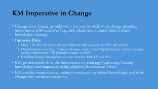 KM Imperative in Change
• Change is no longer episodic—it's the new normal. Poor change planning
undermines KM initiatives (e.g., new platforms, cultural shifts toward
knowledge sharing).
• Industry Data:
• Only ~32-34% of major change initiatives fully succeed; 60-70% fail overall.
• Organizations now face ~5 major changes every 3 years (up from prior norms); average
worker experienced ~10 planned changes in 2025.
• Excellent change management boosts success from 13% to 88%.
• KM professionals sit at the intersection of strategy (capturing/sharing
knowledge) and impact (driving adoption & sustained value).
• KM enables sense-making, reduces resistance via shared knowledge, and turns
change into sustained capability.
 