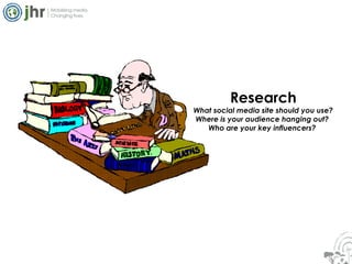 Research What social media site should you use? Where is your audience hanging out?  Who are your key influencers?  