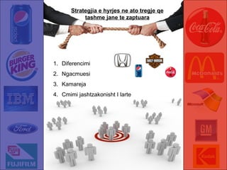 Strategjia e hyrjes ne ato tregje qe tashme jane te zaptuara Diferencimi Ngacmuesi Kamareja Cmimi jashtzakonisht I larte 