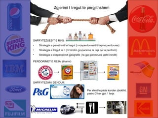 Zgjerimi I tregut te pergjithshem SHFRYTEZUESIT E RINJ: Strategjia e penetrimit te tregut ( mosperdoruesit ti bejme perdorues) Strategjia e tregut te ri ( ti bindim grupacione te reja qe ta perdorin) Strategjia e ekspansionit gjeografik ( te gjej perdorues jasht vendit) PERDORIMET E REJA: (tharmi)  SHFRYTEZIMI I DENDUR: Per efekt te plote kunder zbokthit, pastro 2 her gjat 1 larje. 