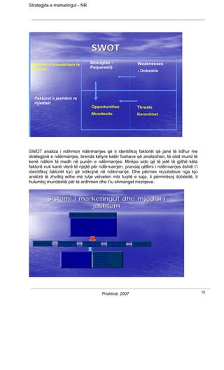 Strategjite e marketingut - NR




                                        SWOT
                                       Strenghts –                 Weaknesses
Faktoret e brendshem te
                                       Perparesit)
mjedisit                                                           - Dobesite




  Faktoret e jashtem te
  mjedisit
                                        Opportunities              Threats
                                        Mundesite                  Kercnimet




SWOT analiza i ndihmon ndërmarrjes që ti identifikoj faktorët që janë të lidhur me
strategjinë e ndërmarrjes, brenda këtyre katër fushave që analizohen, të cilat mund të
kenë ndikim të madh në punën e ndërmarrjes. Mirëpo sido që të jetë të gjithë këta
faktorë nuk kanë vlerë të njejtë për ndërmarrjen, prandaj qëllimi i ndërmarrjes është t’i
identifikoj faktorët kyc që ndikojnë në ndërmarrje. Dhe përmes rezultateve nga kjo
analizë të zhvilloj edhe më tutje vetveten mbi fuqitë e saja, ti përmirësoj dobësitë, ti
hulumtoj mundësitë për të ardhmen dhe t’iu shmanget rreziqeve.


          Sistemi i marketingut dhe mjedisi i
                       jashtëm
                        •F
                       Faktorët e përgjithshëm të mjedisit
                        •Faktorët demografik
                        •Kushtet ekonomike
                        •Normat shoqërore, kulturore
                         dhe etike
                        •Ligjet dhe normat juridike
                        •Progresi shkencoro-teknik
                        •Konkurrenca




  Furnizuesit   Ndërmjetë       Marketing              Ndërmjetë
                  suësit                                           Tregu
                                  miksi                 suësit

                        Faktorët e brendshëm afarist
                  •Prodhimi              •Lokacioni
                  •Financat              •Kërkimet
                  •Kuadrot               •Zhvillimet
                  •Organizimi            •Reputacioni




                                                 Prishtinë, 2007                            10
 