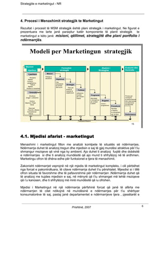 Strategjite e marketingut - NR




4. Procesi i Menaxhimit strategjik te Marketingut
Rezultat i procesit të MSM strategjik është plani strategjik i marketingut. Ne figurat e
prezentuara me larte janë paraqitur katër komponente të planit strategjik te
marketingut e këto janë: misioni, qëllimet, strategjitë dhe plani portfolio i
ndërmarrjës.

         Modeli per Marketingun strategjik
         Modeli per Marketingun strategjik

     Skanimi                                                                                                                                     Evaluimi dhe
    Skanimi                                            Formulimi                                             Zbatimi i                           Evaluation
                                                                                                                                                and Control
                                                     Formulimi                                             Zbatimi i                           Evaluimi dhe
                                                                                                                                               Evaluation
                                                                                                                                                 Kontrolla
                                                                                                                                              and Control
        mjedisor                                     strategjik                                          Strategjise                             and Control
      mjedisor                                     strategjik                                           Strategjise                            Kontrolla
                                                                                                                                               and Control
         I jashtem               Misioni
      I jashtem                 Misioni
                                Aresyja e
            Shoqeria          Aresyja e
                                ekzistimit
         Shoqeria
         Mjedisi                              Objektivat
                              ekzistimit
       Mjedisi e
        Forcat                               Objektivat
                                                Cfar
      Forcat e
        pergjithshme                         Cfar
                                                rezultatesh
      pergjithshme
              Detyra                                            Strategjia
                                             rezultatesh
                                                te arrihen
           Detyra
         Mjedisi                                              Strategjia
                                             te dhe kurre
                                                arrihen             Plan per
       Mjedisi e industrise
       Analiza                               dhe kurre          arritjeper
                                                                 Plan te
     Analiza e industrise                                                         Politikat
                                                              arritje te &
                                                                misionit       Politikat
          I brendshem                                         misionit &
                                                                objektivave     Udhezime
        I brendshem                                           objektivave    Udhezime
                                                                                te plota
             Struktura
                                                                                                Programet                                        Proces per
                                                                             te per vendim
                                                                                plota         Programet
         Struktura
      Zingjiri i urdherimit                                                  per vendim                                                       Proces per
                                                                                                                                                 monitorim
                                                                                marrje          Aktivitetet
    Zingjiri i urdherimit                                                    marrje           Aktivitetet                                     monitorim
                                                                                                                                                 te performances
                                                                                                e nevojshme     Bugjetet
              Kultura                                                                         e nevojshme                                     te dhe ndermarrjes
                                                                                                                                                 performances
                                                                                                per arritjen  Bugjetet
          Kultura
     Besimet, Pritjet,                                                                        per arritjen                                    dhe ndermarrjes
                                                                                                                                                 se aksioneve
                                                                                                e planit       Cmimi i
   Besimet, Vlerat
               Pritjet,                                                                       e planit                                        sekorrektuese
                                                                                                                                                  aksioneve
                                                                                                             Cmimi i
                                                                                                               programeve
           Vlerat                                                                                                             Procedurat      korrektuese
                                                                                                             programeve
           Reourset                                                                                                         Procedurat
                                                                                                                               Renditje
        Reourset aftesite
          Pasurite,                                                                                                         Renditje
                                                                                                                               e hapave
       Pasurite, aftesite
        Kompetencat                                                                                                         e hapave
                                                                                                                               te nevojshem
      Kompetencat
           Dituria                                                                                                          te per te bere
                                                                                                                               nevojshem       Performanca
        Dituria                                                                                                             per te pune
                                                                                                                               nje bere       Performanca
                                                                                                                            nje pune

                                                                                 Feetback/Mesimi
                                                                               Feetback/Mesimi
                                                                                                                                                       15
                                                                                                                                                      15




4.1. Mjedisi afarist - marketingut
Menaxhimi i marketingut fillon me analizë komlpete të situatës së ndërmarrjes.
Ndërmarrja duhet të analizoj tregun dhe mjedisin e saj të gjej mundësi atraktive për t’iu
shmangur rreziqeve që vinë nga ky ambient. Ajo duhet ti analizoj fuqitë dhe dobësitë
e ndërmarrjes si dhe ti analizoj mundësitë që ajo mund ti shfrytëzoj në të ardhmen.
Marketingu ofron të dhëna edhe për funksionet e tjera të menaxhimit.

Zakonisht ndërmarrjet veprojnë në një mjedis të marketingut kompleks, i cili përbëhet
nga forcat e pakontrolluara, të cilave ndërmarrja duhet t’iu përshtatet. Mjesdisi si i tillë
ofron situata të favorshme dhe të pafavorshme për ndërmarrjen .Ndërmarrja duhet që
të analizoj me kujdes mjedisin e saj, në mënyrë që t’iu shmanget më lehtë rreziqeve
që i’u kanosen, dhe ti shfrytëzoj më mirë mundësitë që iu ofrohen.

Mjedisi i Marketingut në një ndërmarrje përfshinë forcat që janë të afërta me
ndërmarrjen të cilat ndikojnë në mundësinë e ndërmarrjes për t’iu shërbyer
konsumatorëve të saj, pastaj janë departamentet e ndërmarrjeve tjera , pjesëtarët e



                                                                      Prishtinë, 2007                                                                              6
 