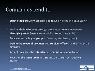 Companies tend to Define their industry  similarly and focus on being the BEST within it Look at their industries through the lens of generally accepted  strategic groups  (luxury automobile, economy cars etc) Focus on  same buyer group  (influencer, purchaser, user) Define the  scope of products and services  offered by their industry similarly Accept their industry’s  functional or emotional  orientation Focus on the  same point in time  and on current competitive threats www.STRATEGONOMIC.com 