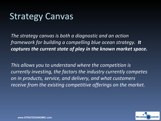 Strategy Canvas The strategy canvas is both a diagnostic and an action framework for building a compelling blue ocean strategy.  It captures the current state of play in the known market space.  This allows you to understand where the competition is currently investing, the factors the industry currently competes on in products, service, and delivery, and what customers receive from the existing competitive offerings on the market.  www.STRATEGONOMIC.com 