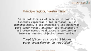 STRATEGOS3.0
Estrategia ∞ Gestión política ∞ Campañas
Principio regidor, nuestra misión:
Si la política es el arte de lo posible,
buscamos empoderar a las personas, a las
Instituciones, a los procesos y los discursos,
para sumar votos, afianzar los existentes y
así crear nuevas realidades y territorios.
Entonces nuestro objetivo común seria:
“amplificar sus posibilidades
para transformar la realidad”
 