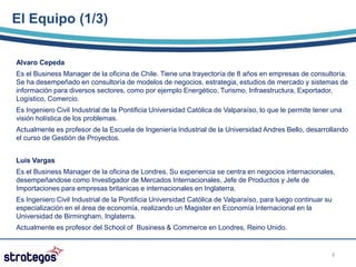 El Equipo (1/3)


Alvaro Cepeda
Es el Business Manager de la oficina de Chile. Tiene una trayectoría de 8 años en empresas de consultoría.
Se ha desempeñado en consultoría de modelos de negocios, estrategia, estudios de mercado y sistemas de
información para diversos sectores, como por ejemplo Energético, Turismo, Infraestructura, Exportador,
Logístico, Comercio.
Es Ingeniero Civil Industrial de la Pontificia Universidad Católica de Valparaíso, lo que le permite tener una
visión holística de los problemas.
Actualmente es profesor de la Escuela de Ingeniería Industrial de la Universidad Andres Bello, desarrollando
el curso de Gestión de Proyectos.


Luis Vargas
Es el Business Manager de la oficina de Londres. Su experiencia se centra en negocios internacionales,
desempeñandose como Investigador de Mercados Internacionales, Jefe de Productos y Jefe de
Importaciones para empresas britanicas e internacionales en Inglaterra.
Es Ingeniero Civil Industrial de la Pontificia Universidad Católica de Valparaíso, para luego continuar su
especialización en el área de economía, realizando un Magister en Economía Internacional en la
Universidad de Birmingham, Inglaterra.
Actualmente es profesor del School of Business & Commerce en Londres, Reino Unido.


                                                                                                          3
 