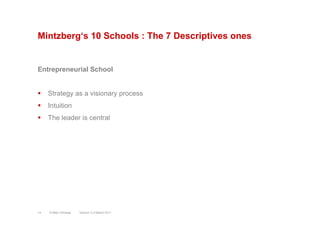 Mintzberg‘s 10 Schools : The 7 Descriptives ones
Entrepreneurial School
§  Strategy as a visionary process
§  Intuition
...