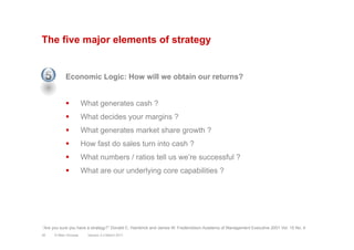 The five major elements of strategy
Economic Logic: How will we obtain our returns?
§  What generates cash ?
§  What dec...