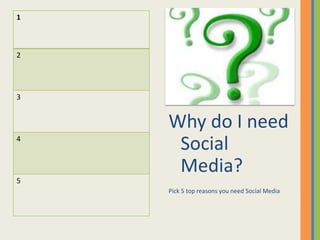1



2




3


    Why do I need
4
     Social
     Media?
5
    Pick 5 top reasons you need Social Media
 
