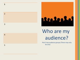 1



2




3




4
    Who are my
     audience?
    Pick 5 top audience groups (There may only
5        be one)
 