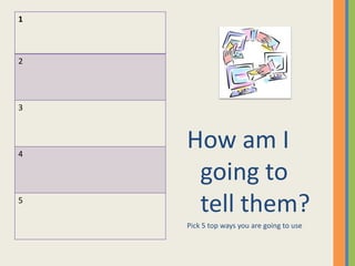 1



2




3




4
    How am I
     going to
5
     tell them?
    Pick 5 top ways you are going to use
 