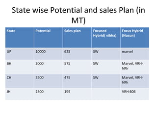 State wise Potential and sales Plan (in MT) State  Potential Sales plan Focused Hybrid( vibha) Focus Hybrid (Nusun) UP 10000 625 SW marvel  BH 3000 575 SW Marvel, VRH- 606 CH 3500 475 SW Marvel, VRH- 606 JH 2500 195 VRH 606 
