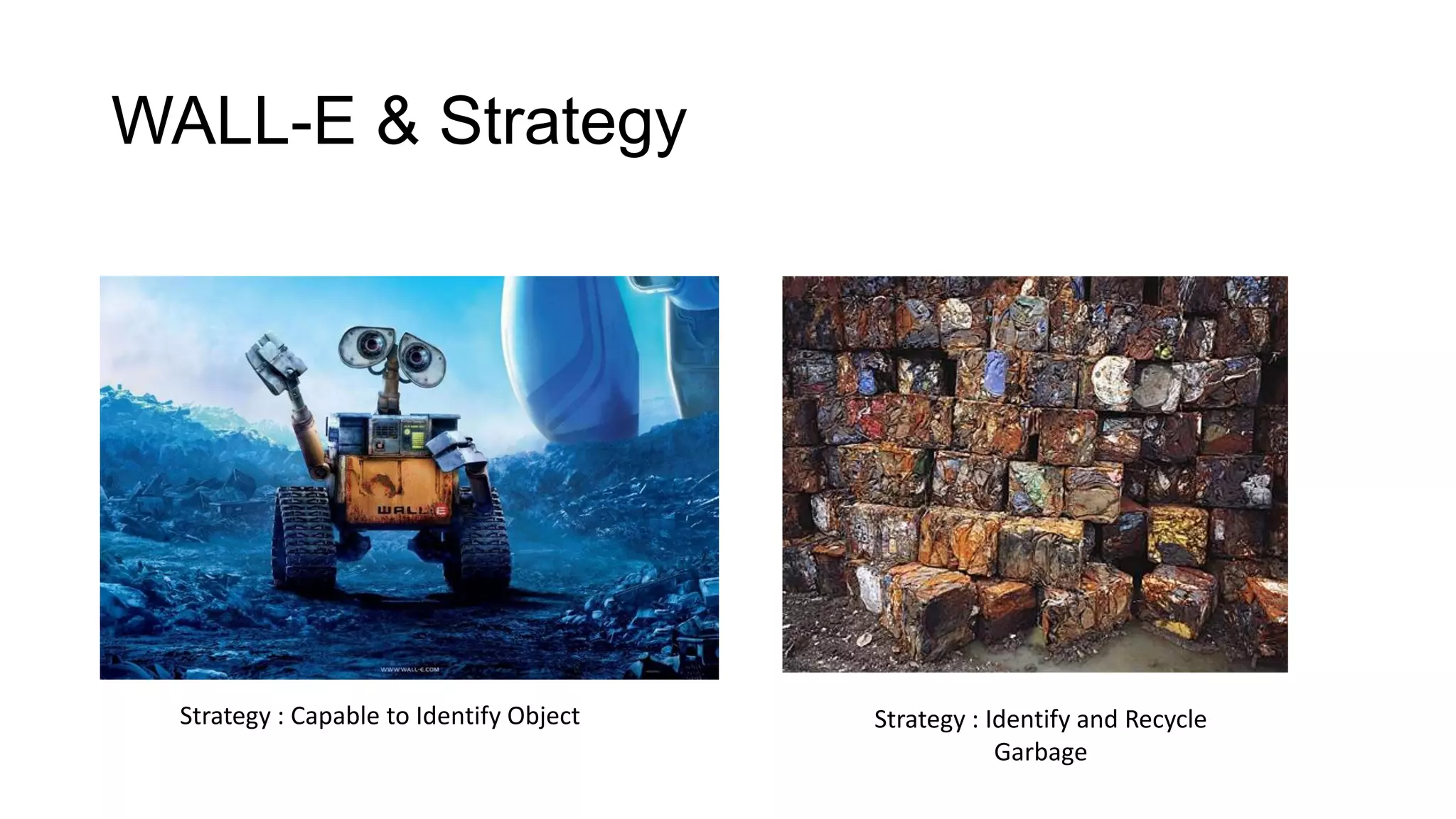 WALL-E & Strategy




  Strategy : Capable to Identify Object   Strategy : Identify and Recycle
                                                      Garbage
 