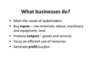 What businesses do?
 Meet the needs of stakeholders
 Buy inputs – raw materials, labour, machinery
  and equipment, land
 Produce outputs – goods and services
 Focus on efficient use of resources
 Generate profit/surplus
 