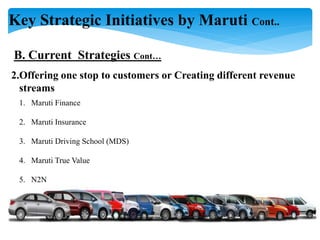2.Offering one stop to customers or Creating different revenue
streams
Key Strategic Initiatives by Maruti Cont..
B. Current Strategies Cont…
1. Maruti Finance
2. Maruti Insurance
3. Maruti Driving School (MDS)
4. Maruti True Value
5. N2N
 