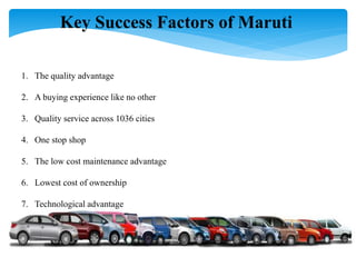 Key Success Factors of Maruti
1. The quality advantage
2. A buying experience like no other
3. Quality service across 1036 cities
4. One stop shop
5. The low cost maintenance advantage
6. Lowest cost of ownership
7. Technological advantage
 