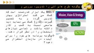 ‫و‬ ‫بررسی‬ ،‫تدوین‬ ‫را‬ ‫آتی‬ ‫های‬ ‫طرح‬ ‫چگونه‬
‫کنید؟‬ ‫می‬ ‫بروزرسانی‬
BSC‫یک‬‫ابزار‬‫قدرتمند‬‫است‬‫که‬
‫کمک‬‫می‬‫کند‬‫استراتژی‬‫بهتر‬
‫تدوین‬‫گردد‬‫و‬‫به‬‫تصمیم‬
‫گیرنده‬(‫گان‬)‫کمک‬‫می‬‫نماید‬‫دید‬
‫جامعی‬‫نسبت‬‫به‬‫کسب‬‫و‬‫کار‬
‫داشته‬‫باشند‬‫و‬‫تمامی‬‫نیازهای‬
‫ذینفعان‬‫را‬‫در‬‫نظر‬‫قرار‬‫دهند‬.
‫چگونه‬‫برنامه‬‫های‬‫خود‬‫را‬‫برای‬
‫آینده‬‫در‬‫سازمان‬‫استقرار‬‫می‬
‫دهید؟‬
10
 