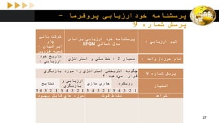 ‫پروفرما‬ ‫خودارزیابی‬ ‫پرسشنامه‬-
‫شماره‬ ‫پرسش‬9
‫ارزیابي‬ ‫تیم‬:
‫براساس‬ ‫ارزیابي‬ ‫خود‬ ‫پرسشنامه‬
‫تعالي‬ ‫مدل‬EFQM
‫بانی‬ ‫شرکت‬
‫چاو‬
‫ایرانیان‬-
‫قزوین‬ ‫شعبه‬
‫حوزه‬ ‫نام‬/‫واحد‬:‫معیار‬2:‫استراتژي‬ ‫و‬ ‫مشي‬ ‫خط‬
‫خود‬ ‫تاریخ‬
‫ارزیابي‬:
‫شماره‬ ‫پرسش‬9
‫بازنگري‬ ‫مورد‬ ‫را‬ ‫استراتژي‬ ‫اثربخشي‬ ‫چگونه‬
‫؟‬ ‫دهید‬‫مي‬ ‫قرار‬
‫امتیاز‬
‫رویكرد‬‫سازي‬ ‫جاري‬
‫و‬ ‫ارزیابي‬
‫بازنگري‬
‫نتایج‬
12345123451234512345
‫شواهد‬‫قوت‬ ‫نقاط‬‫بهبود‬ ‫قابل‬ ‫هاي‬ ‫حوزه‬
27
 