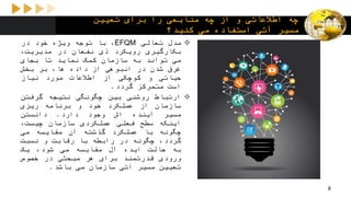 ‫تعیین‬ ‫برای‬ ‫را‬ ‫منابعی‬ ‫چه‬ ‫از‬ ‫و‬ ‫اطالعاتی‬ ‫چه‬
‫کنید؟‬ ‫می‬ ‫استفاده‬ ‫آتی‬ ‫مسیر‬
‫مدل‬‫تعالی‬EFQM،‫با‬‫توجه‬‫ویژه‬‫خود‬‫در‬
‫بکارگیری‬‫رویکرد‬‫ذی‬‫نفعان‬‫در‬،‫مدیریت‬
‫می‬‫تواند‬‫به‬‫سازمان‬‫کمک‬‫نماید‬‫تا‬‫بجای‬
‫غرق‬‫شدن‬‫در‬‫انبوهی‬‫از‬‫داده‬،‫ها‬‫بر‬‫بخش‬
‫حیاتی‬‫و‬‫کوچکی‬‫از‬‫اطالعات‬‫مورد‬‫نیاز‬
‫است‬‫متمرکز‬‫گردد‬.
‫ارتباط‬‫روشنی‬‫بین‬‫چگونگی‬‫نتیجه‬‫گرفتن‬
‫سازمان‬‫از‬‫عملکرد‬‫خود‬‫و‬‫برنامه‬‫ریزی‬
‫مسیر‬‫آینده‬‫اش‬‫وجود‬‫دارد‬.‫دانستن‬
‫اینکه‬‫سطح‬‫فعلی‬‫عملکردی‬‫سازمان‬،‫چیست‬
‫چگونه‬‫با‬‫عملکرد‬‫گذشته‬‫آن‬‫مقایسه‬‫می‬
،‫گردد‬‫چگونه‬‫در‬‫رابطه‬‫با‬‫رقابت‬‫و‬‫نسبت‬
‫به‬‫حالت‬‫ایده‬‫آل‬‫مقایسه‬‫می‬،‫شود‬‫یک‬
‫ورودی‬‫قدرتمند‬‫برای‬‫هر‬‫مبحثی‬‫در‬‫خصوص‬
‫تعیین‬‫مسیر‬‫آتی‬‫سازمان‬‫می‬‫باشد‬.
8
 