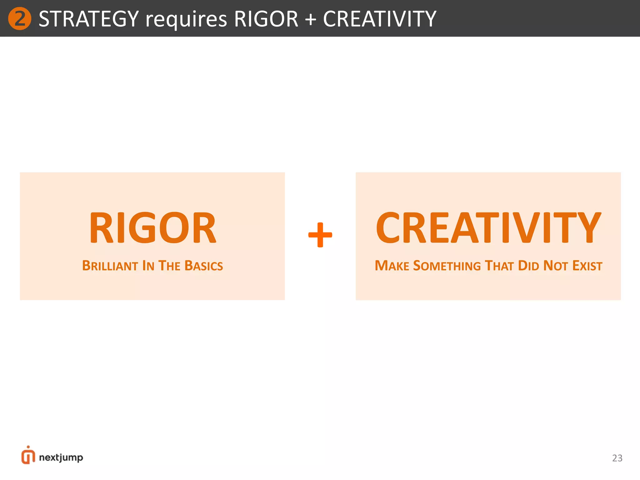 23
STRATEGY requires RIGOR + CREATIVITY
RIGOR
BRILLIANT IN THE BASICS

CREATIVITY
MAKE SOMETHING THAT DID NOT EXIST
+
 