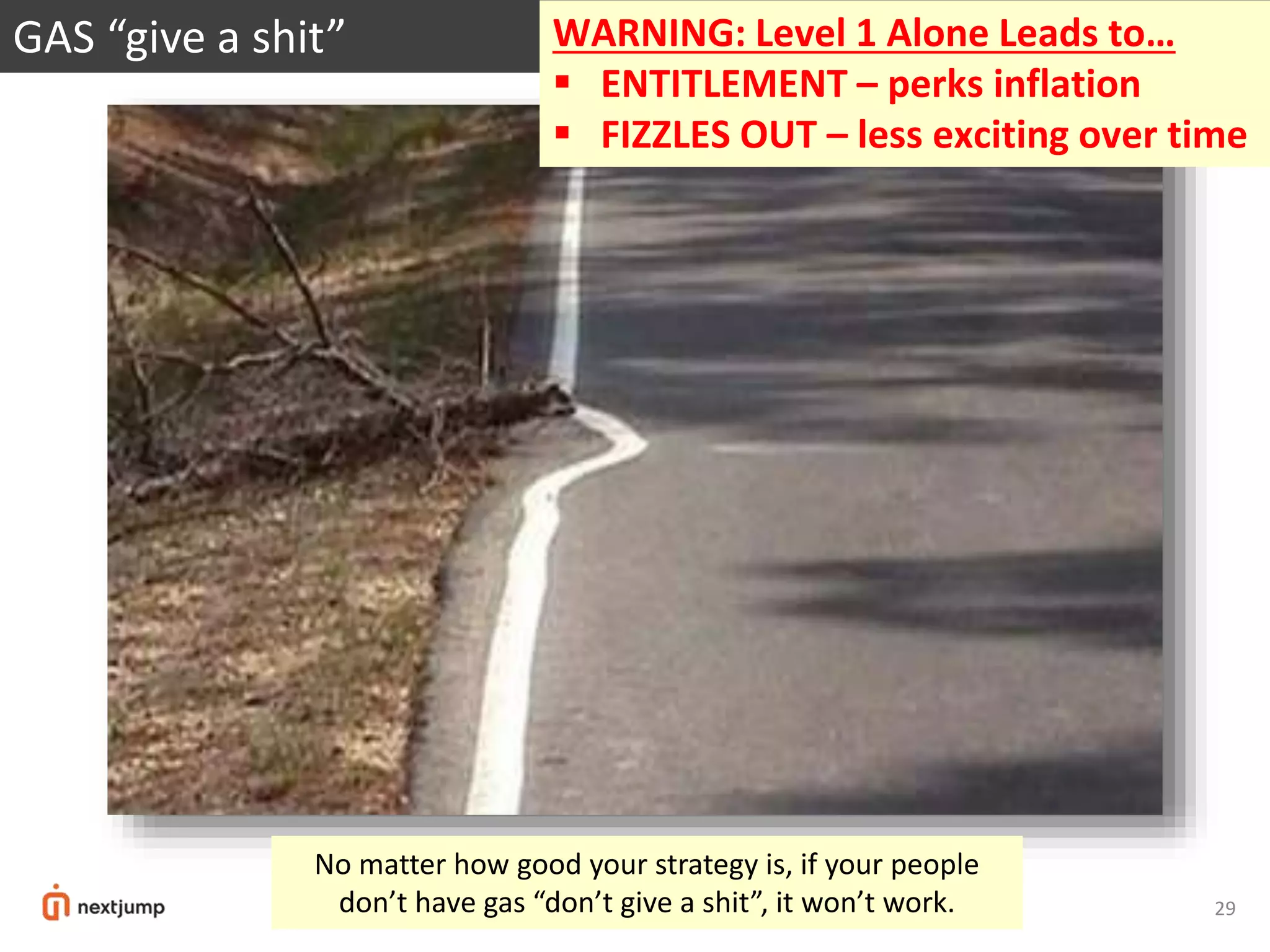 29
GAS “give a shit”
No matter how good your strategy is, if your people
don’t have gas “don’t give a shit”, it won’t work.
WARNING: Level 1 Alone Leads to…
 ENTITLEMENT – perks inflation
 FIZZLES OUT – less exciting over time
 