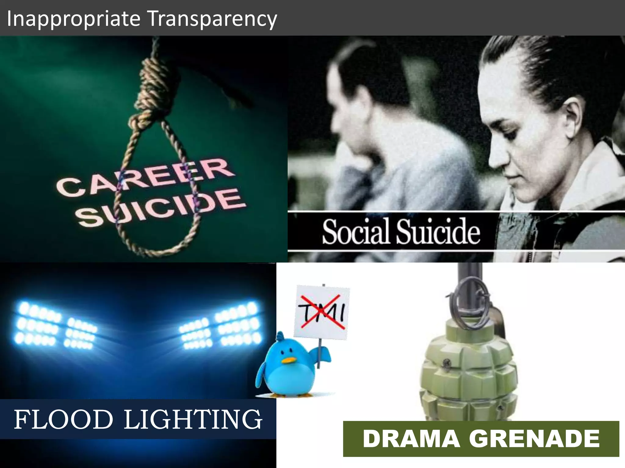 42
Inappropriate Transparency
FLOOD LIGHTING
DRAMA GRENADE
 