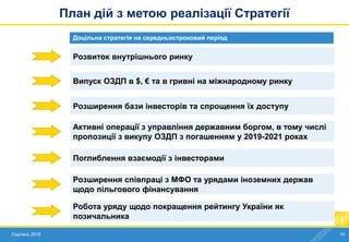 Серпень 2018 10
Доцільна стратегія на середньостроковий період
План дій з метою реалізації Стратегії
Розвиток внутрішнього ринку
Випуск ОЗДП в $, € та в гривні на міжнародному ринку
Розширення бази інвесторів та спрощення їх доступу
Активні операції з управління державним боргом, в тому числі
пропозиції з викупу ОЗДП з погашенням у 2019-2021 роках
Поглиблення взаємодії з інвесторами
Розширення співпраці з МФО та урядами іноземних держав
щодо пільгового фінансування
Робота уряду щодо покращення рейтингу України як
позичальника
 