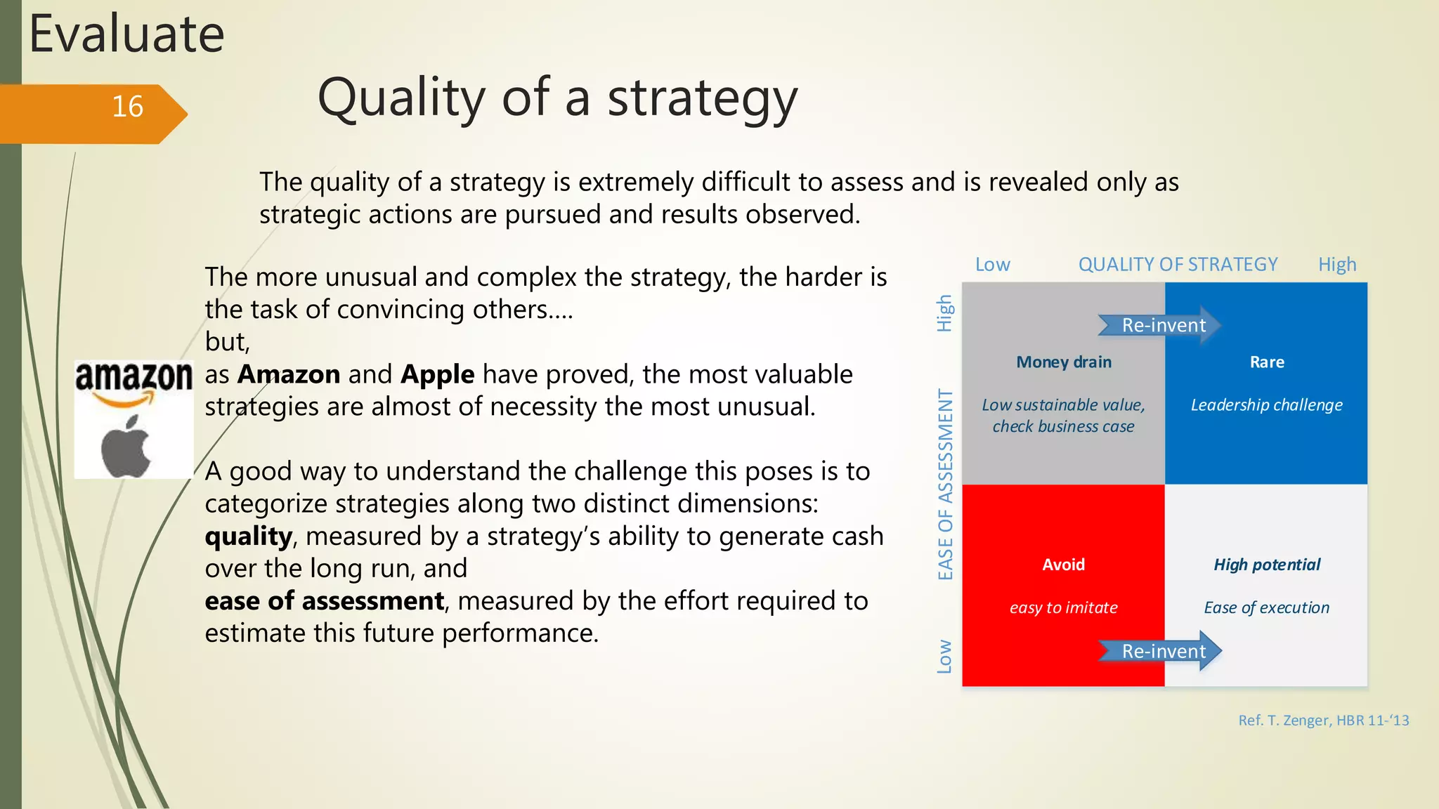 Quality of a strategy16
The more unusual and complex the strategy, the harder is
the task of convincing others….
but,
as Amazon and Apple have proved, the most valuable
strategies are almost of necessity the most unusual.
A good way to understand the challenge this poses is to
categorize strategies along two distinct dimensions:
quality, measured by a strategy’s ability to generate cash
over the long run, and
ease of assessment, measured by the effort required to
estimate this future performance.
Money drain
Low sustainable value,
check business case
Rare
Leadership challenge
Avoid
easy to imitate
High potential
Ease of execution
EASEOFASSESSMENT
QUALITY OF STRATEGY
LowHigh
HighLow
Re-invent
Re-invent
Ref. T. Zenger, HBR 11- 13
The quality of a strategy is extremely difficult to assess and is revealed only as
strategic actions are pursued and results observed.
Evaluate
 