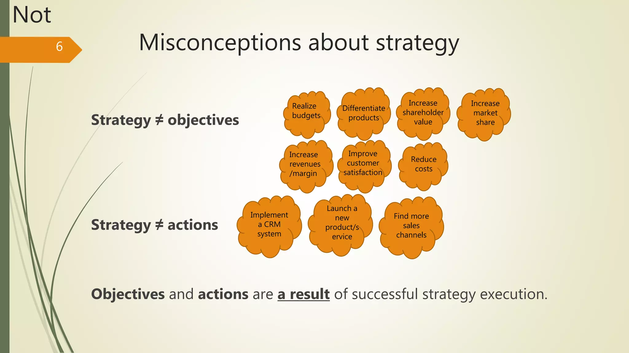 Misconceptions about strategy
Strategy ≠ objectives
Strategy ≠ actions
Objectives and actions are a result of successful strategy execution.
6
Not
Realize
budgets
Increase
revenues
/margin
Improve
customer
satisfaction
Differentiate
products
Increase
shareholder
value
Increase
market
share
Reduce
costs
Launch a
new
product/s
ervice
Find more
sales
channels
Implement
a CRM
system
 