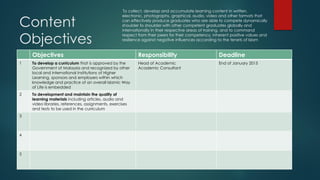 Content
Objectives
To collect, develop and accumulate learning content in written,
electronic, photographs, graphical, audio, video and other formats that
can effectively produce graduates who are able to compete dynamically
shoulder to shoulder with other competent graduates globally and
internationally in their respective areas of training, and to command
respect from their peers for their competency, inherent positive values and
resilience against negative influences according to the tenets of Islam
Objectives Responsibility Deadline
1 To develop a curriculum that is approved by the
Government of Malaysia and recognized by other
local and international Institutions of Higher
Learning, sponsors and employers within which
knowledge and practice of an overall Islamic Way
of Life is embedded
Head of Academic
Academic Consultant
End of January 2015
2 To development and maintain the quality of
learning materials including articles, audio and
video libraries, references, assignments, exercises
and tests to be used in the curriculum
3
4
5
 