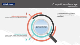 Competitive advantage
Differentiation
DIFFERENTIATION
1
PRODUCT DIFFERENTIATION
Creating a better product than offered by competitors
2
Creating an image, symbols, and an overall positioning
that reflect the way a company wants to be perceived
ECONOMIES OF SCOPE
If a company wants to be successful in
the long-term, it needs both types of
differentiation
 