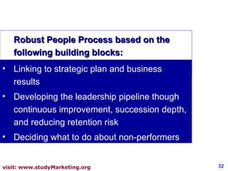 Robust People Process based on the following building blocks: Linking to strategic plan and business results Developing the leadership pipeline though continuous improvement, succession depth, and reducing retention risk Deciding what to do about non-performers 